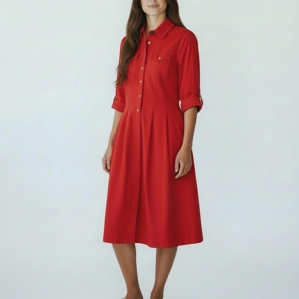 Tory Burch | Shirt Dress Red A-Line Button Front Gold Hardware Size 14 Pleated